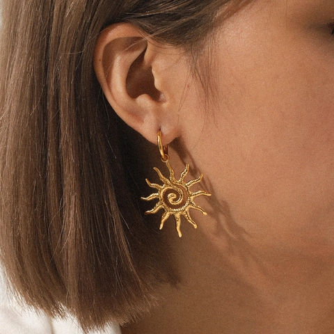 Zon Druppel Oorbellen 18K Verguld Roestvrij Staal Gehamerd Textuur Spiraal Sunburst Vintage Sieraden Voor Vrouwen