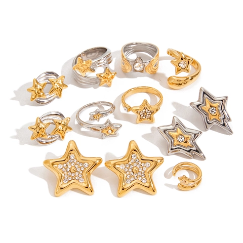 Stainless Steel Star Jewelry For Women 18K Gold Plated Waterproof Hypoallergenic Zirconia Star Rings Earrings Ear Cuffs