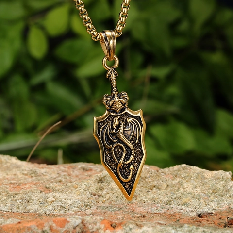 Collana Con Pendente Scudo Drago In Acciaio Inossidabile Retro Oro Punk Stile Gotico Per Uomini Accessori Moda