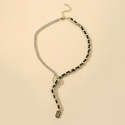 Y-Shaped Necklace With Good Luck Square Tag Alloy Rhinestone Black Woven Ribbon Chain For Women Vintage Fashion