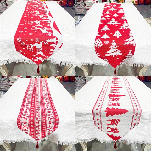 Camino De Mesa De Navidad Tejido Rojo Blanco Reno Copo De Nieve Borla Decoración Festiva De Comedor Mantel