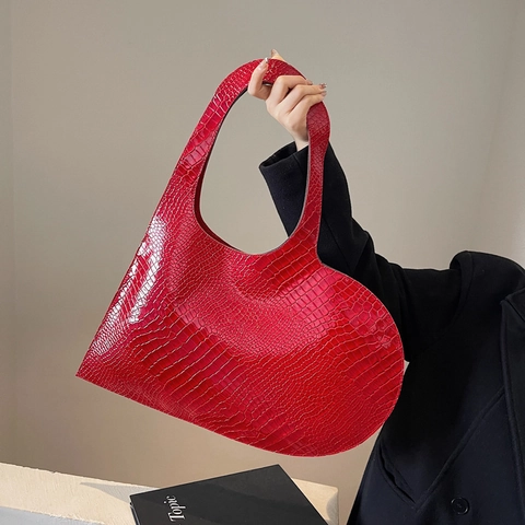 Sac À Épaule En Forme De Cœur Motif Crocodile Cuir PU Grande Capacité Sac Sous Le Bras Pour Femmes Mode Tendance