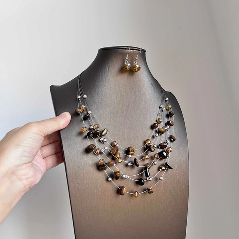 Collana Multistrato E Orecchini A Gancio Pietra Occhio Di Tigre Cristallo Artificiale Perline Vintage Boho Gioielli Marroni Donne