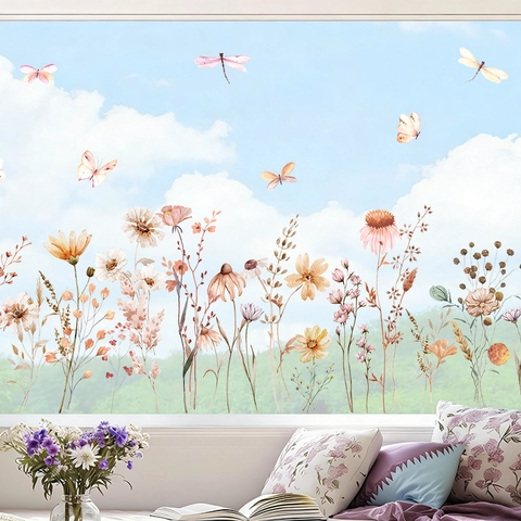 Watercolor Wildflower And Butterfly Wall Stickers PVC Removable Window Clings For Living Room Bedroom Bohemian Style Decor