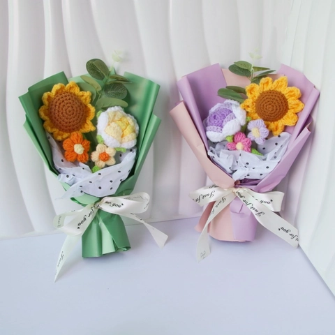 Hand Knitted Yarn Bouquet Sunflower Rose Crochet Flower Graduation Bear Gift Handmade Woolen Floral Decor