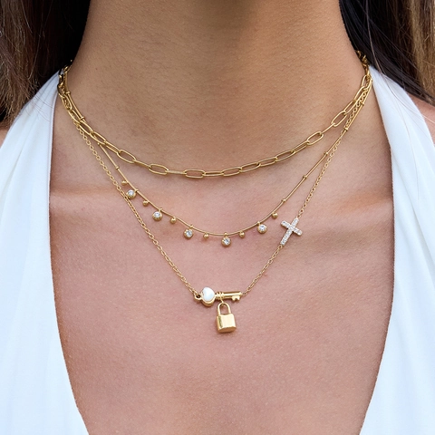 Collana In Acciaio Inossidabile Placcato Oro 18K Con Ciondoli Chiave Lucchetto Croce In Madreperla Gioielli Da Donna