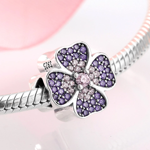 Clover Charm Bead 925 Sterling Silver Sparkling Pink Purple Zirconia DIY Bracelet Accessory For Women Fashion Jewelry