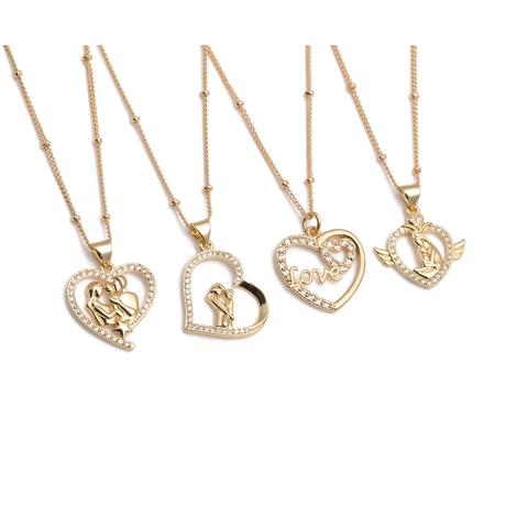 Heart Pendant Necklace Copper Gold Plated Zircon Love Family Angel Wings Romantic Jewelry Gift For Women