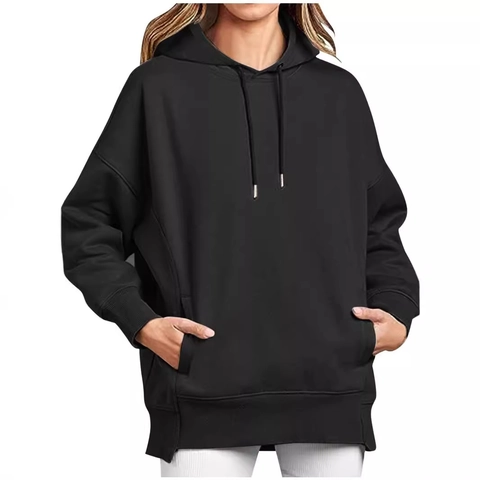 Women Oversized Hoodie Solid Color Polyester Spandex Drawstring Kangaroo Pocket Drop Shoulder Casual Pullover