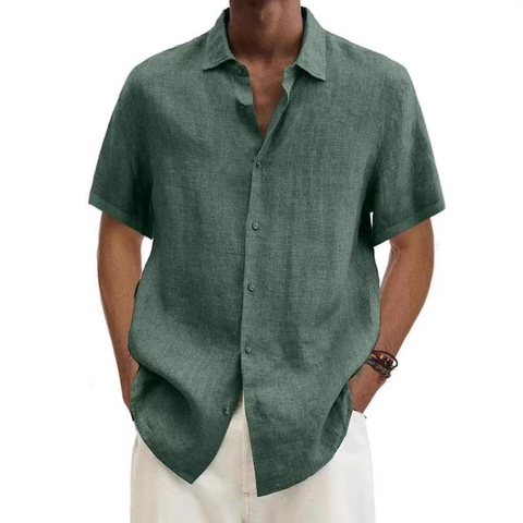 Camisa Casual de Mezcla de Algodón para Hombre Verano Cuello en V Manga Corta con Botones Ajuste Holgado Color Sólido Top Moda