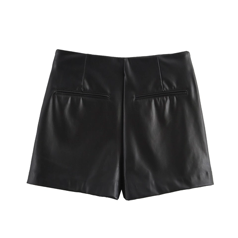 Women Sexy PU Leather Shorts Skort Split Hem Mid Waist A-Line Faux Leather Bottoms Edgy Streetwear Clubwear Black