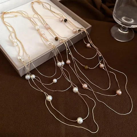 Collana Lunga Multistrato Catena Dorata Imitazione Perla Artificial Occhio Di Tigre Künstliche Perle Di Vetro Catena Per Maglione Gioielli Eleganti Da Donna