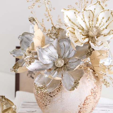 Fleurs De Noël Artificielles Paillettes Tissu Magnolia Pour Décoration De Fête Maison Mariage Or Champagne Argent Élégant