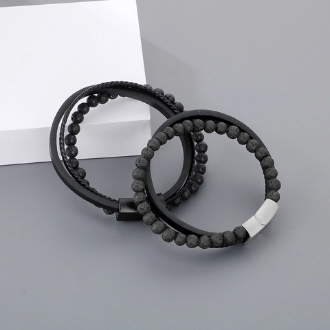 Men Multi-layer Bracelet Stainless Steel Clasp Lava Stone Beaded Woven Leather Punk Style Fashion Jewelry For Male