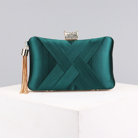Evening Bag Satin Woven Texture Rhinestone Clasp Metal Tassel Wedding Party Clutch Handbag For Women Elegant