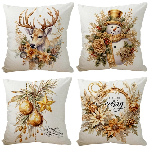 Funda De Cojín De Navidad Lino Funda Decorativa Patrón Reno Muñeco De Nieve Para Sofá De Sala