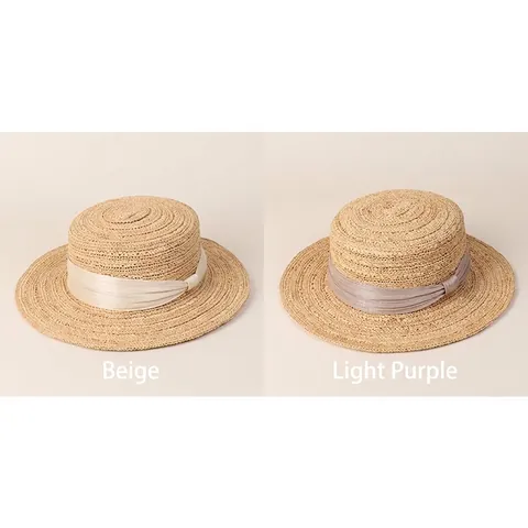 Chapeau Boater En Raphia Fait Main Pour Femmes Bord Plat Large Avec Noeud En Ruban Protection Solaire Été Plage