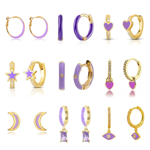 Purple Enamel Hoop Stud Earrings For Women With Zircon Gold Plated Vintage Elegant 925 Sterling Silver Earring Post