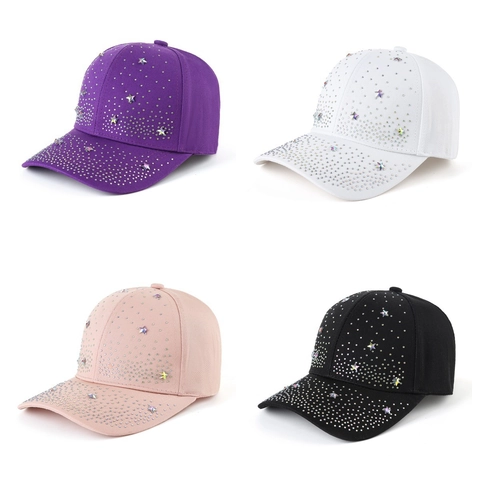 Women Polyester Baseball Cap Shiny Rhinestone Star Decor Adjustable Breathable Fashion Sunshade Outdoor Trendy Hat