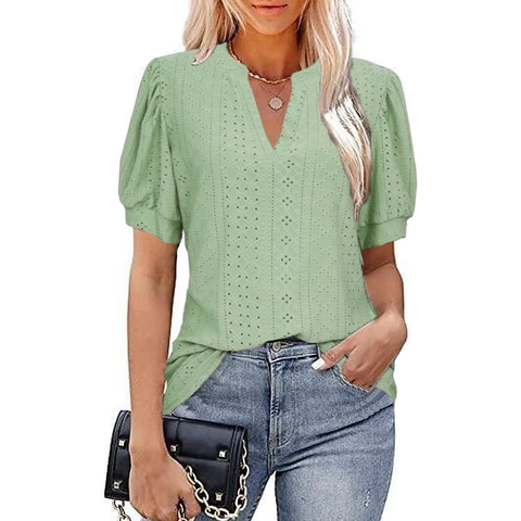 Women V-Neck Eyelet Embroidery Puff Sleeve T-Shirt Casual Loose Hollow Out Short Sleeve Top Solid Color Polyester Blouse