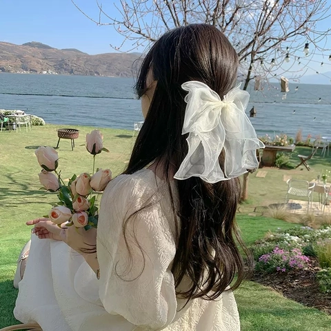 Oversized Bow Hair Clip Organza Mesh Satin Layered Ribbon Streamer Spring Clip Sweet Fairy Hair Accessory Women Girls