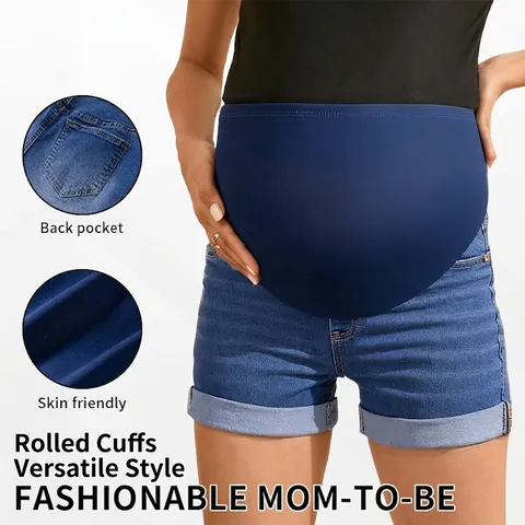Pantaloncini Di Jeans Premaman Alta Elasticità Supporto Addominale Cotone Spandex Orlo Arrotolato Estate Casuale Donna