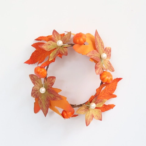 Anello Di Candela Zucca Foglia Acero Artificiale Decorazione Autunno Thanksgiving Halloween Raso Schiuma Floreale