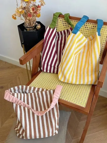 Borsa Tote In Tela A Righe Da Donna Grande Capacità Borsa A Spalla Casual Con Manico Scrunchie A Contrasto Stile Boho