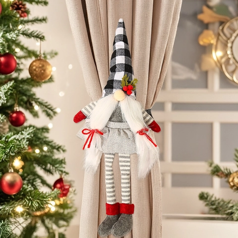 Christmas Gnome Curtain Tieback Buckle Knitted Plush Faceless Old Man Plaid Hat Holiday Home Window Decoration