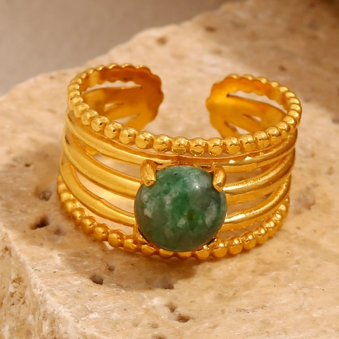 Franse Retro Meerlaagse Ring Roestvrij Staal 18K Verguld Groene Edelsteen Verstelbare Open Sieraden Voor Vrouwen
