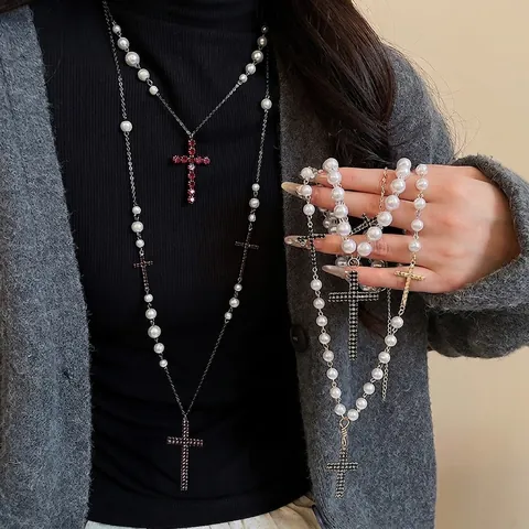 Mehrlagige Kreuzanhänger Halskette Mit Glasperlen Und Strass Gothic Vintage Sweet Cool Schmuck Für Damen