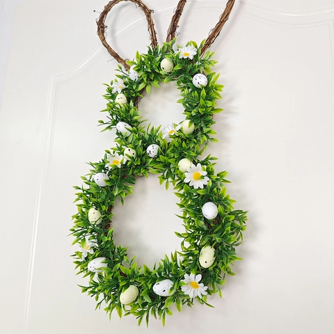 Easter Bunny Wreath Artificial Green Leaves Rattan Ears Speckled Eggs Daisy Flower Front Door Wall Hanging Spring Decor