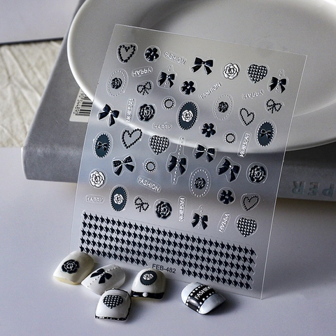 Nagelkunst Stickers Met Reliëf Zelfklevende Decals Camelia Strik Hart Hahnentritt Patroon Elegante Manicure Decoraties