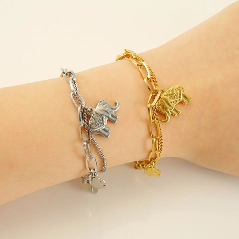 Pulsera De Cadena De Doble Capa Con Colgante De Elefante Acero Inoxidable Chapado En Oro De 18K Ajustable Joyería De Moda Mujer