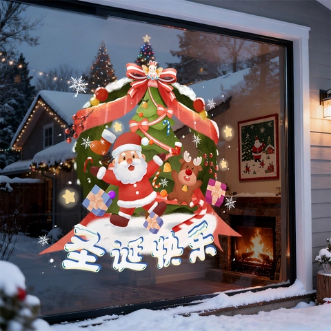 Pegatinas Estáticas Para Ventana De Navidad PVC Papá Noel Reno Para Vidrio Tienda Decoración Festiva