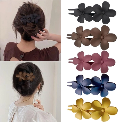 Pinzas Para El Cabello Diseño De Doble Flor Mate Plástico Resina Elegante Simple Soporte Para Coleta Horquilla Mujer