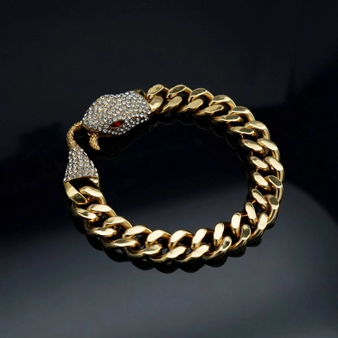 Bracciale Catena Cubana Acciaio Inossidabile Con Testa Di Serpente Strass Placcato Oro Gioielli Hip Hop