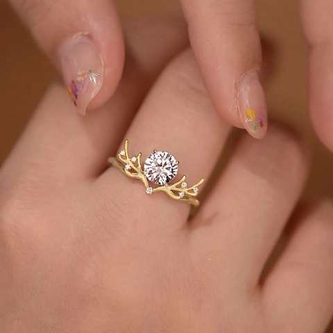 Hirschgeweih Design Ring Kupfer Mit Rundem Zirkonia Eingelegt Waldstil Elegante Mode Schmuck Für Damen