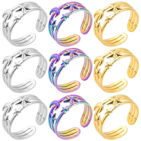 Stainless Steel Star Moon Hollow Out Adjustable Open Ring For Women Men Gold Silver Rainbow Color Punk Finger Jewelry Gift