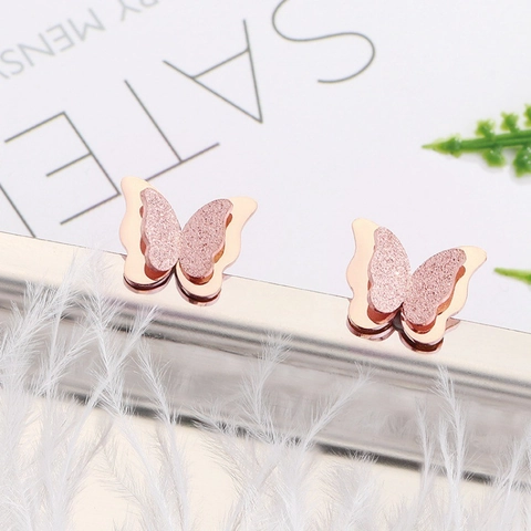 Butterfly Stud Earrings Titanium Steel 18K Rose Gold Plated Double Layer Frosted Matte Finish Fashion Jewelry For Women
