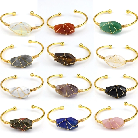 Handgefertigtes Naturkristall Edelstein Offenes Manschettenarmband Kupferdraht Umwickelt Bohème Vintage Verstellbar Damen