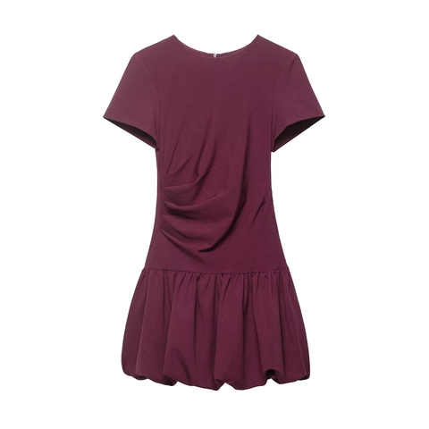Ruched Balloon Mini Dress Short Sleeve Crew Neck Burgundy Polyester Bubble Hem Sexy Chic Women Party Wear