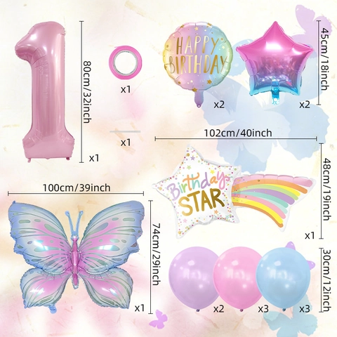 Butterfly Gradient Birthday Balloon Aluminum Foil Latex Macaron Star Number Decoration Supplies For Kids Party