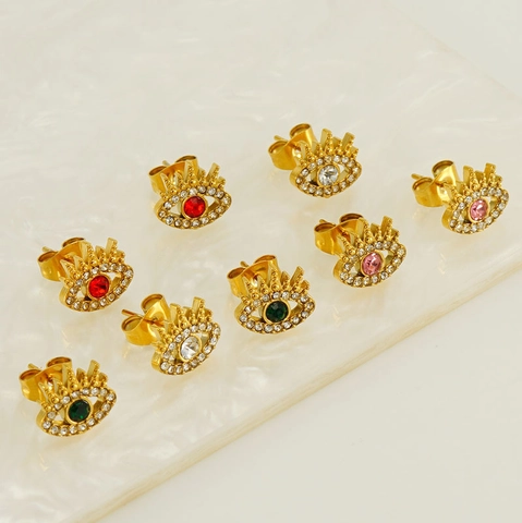 Pendientes De Botón Evil Eye Acero Inoxidable Chapado En Oro 18K Cristal De Circonio Colorido Micro Pavé