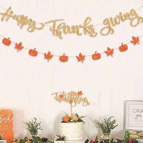 Banner Happy Thanksgiving Ghirlanda Zucca Foglia Acero Decorazioni Torta Carta Luccicante Oro Arancione Autunno
