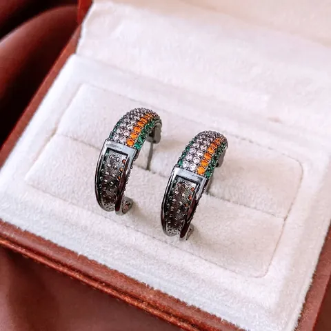 Vintage C-Shaped Hoop Earrings Copper Colorful Zircon Studs With Silver Earring Post Retro Geometric Fashion For Women