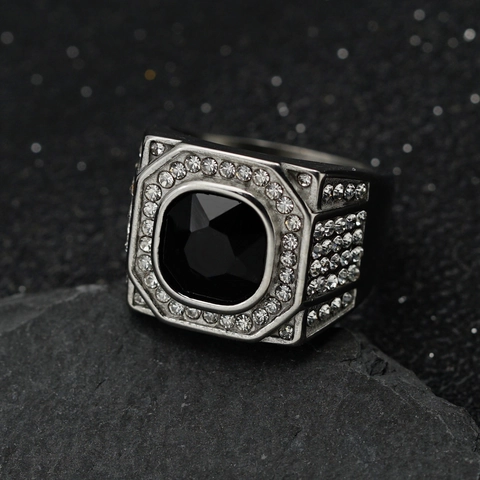 Men Square Gemstone Ring 316 Stainless Steel Pave Zircon Hip Hop Streetwear Retro Signet Fashion Jewelry