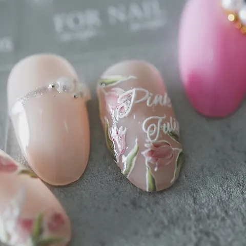 5D Embossed Nail Art Stickers Pink Tulip White Floral Relief Design Self Adhesive Decals French Chic Manicure Decoration