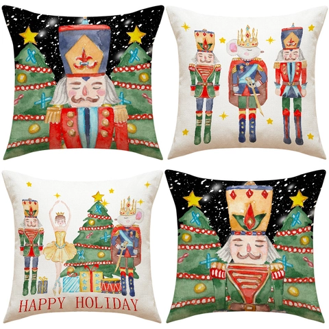 Nutcracker Kerst Kussenhoes Linnen Aquarel Illustratie Print Feestelijke Decoratieve Kussensloop Voor Bank En Couch