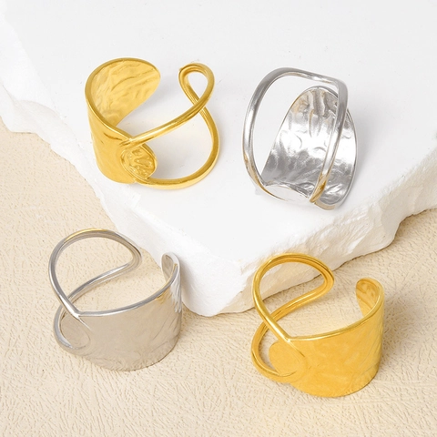 Anillo Abierto Ajustable Textura Martillada Acero Inoxidable 304 Chapado Oro 18k Geométrico Irregular Minimalista Mujeres